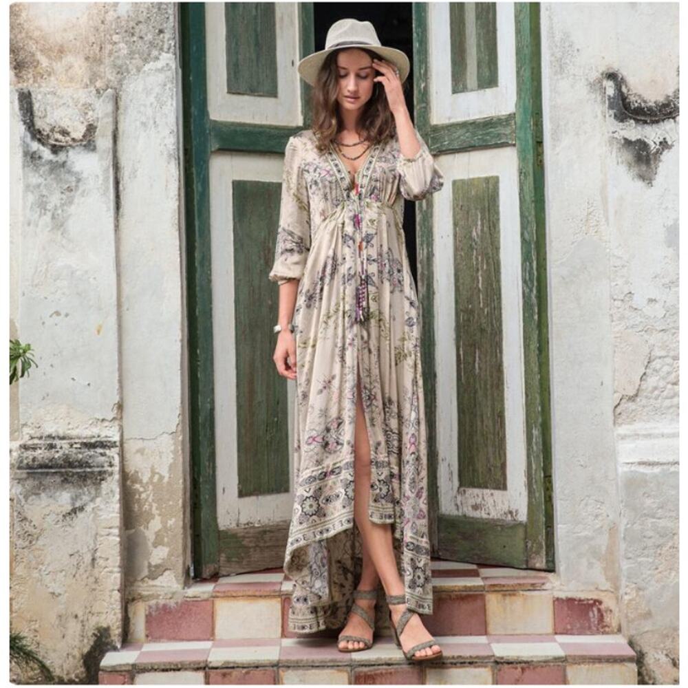 Odd Molly Sundance Vintage Boho Maxi Dress Size 8 Peaceful Promise Green Floral